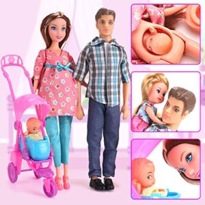 Liberty Imports Happy Family Welcome Baby 11.5-Inch Pregnant Doll Toy Husband & Wife with Daughter, Newborn, Stroller and Accessories Playset (22 Pieces)