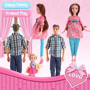 Liberty Imports Happy Family Welcome Baby 11.5-Inch Pregnant Doll Toy Husband & Wife with Daughter, Newborn, Stroller and Accessories Playset (22 Pieces)