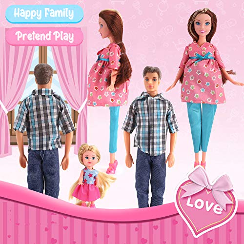 Liberty Imports Happy Family Welcome Baby 11.5-Inch Pregnant Doll Toy Husband & Wife with Daughter, Newborn, Stroller and Accessories Playset (22 Pieces)