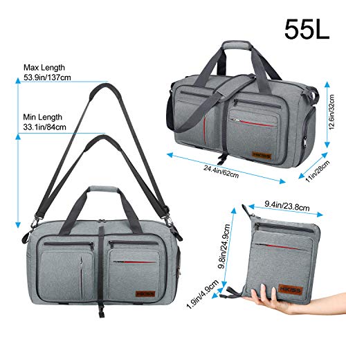 Travel Duffel Bag, 55L Foldable Duffle Bag with Shoes Compartment Packable Weekender Bag for Men Women Water-proof & Tear Resistant HIKISS-Grey