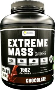 extreme mass chocolate weight gainer, muscle builder, 10 lbs (4.54kg) less sugar for intense workout training, high calorie fortified whey protein