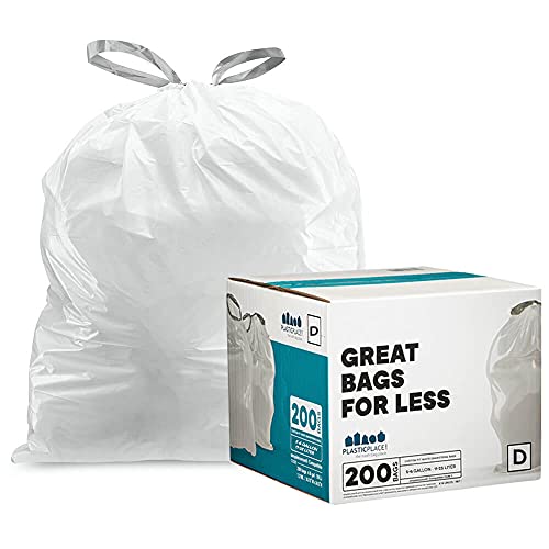Plasticplace Custom Fit Trash Bags │ simplehuman (x) Code D Compatible (200 Count) │ White Drawstring Garbage Liners 5.3 Gallon / 20 Liter │ 15.75" x 28"