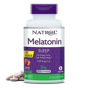 natrol melatonin 5mg, strawberry-flavored dietary supplement for restful sleep, 200 fast-dissolve tablets, 200 day supply