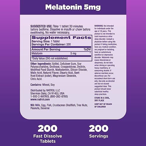 Natrol Melatonin 5mg, Strawberry-Flavored Dietary Supplement for Restful Sleep, 200 Fast-Dissolve Tablets, 200 Day Supply