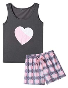 ventelan women pajamas cute heart tank top plaid shorts set summer pjs m