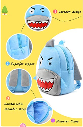Ladyzone Toddler Backpack Zoo Animals Backpacks Cute Plush Bag Cartoon 10" Preschool Book Bag For 2+ Years Girls Boys (Shark)