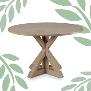 Finch Alfred Round Solid Wood Rustic Dining Table for Farmhouse Kitchen Room Decor, Wooden Trestle Pedestal Base, 46.5" Wide Circular Tabletop, Distressed Beige