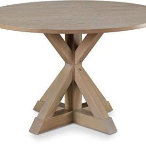 Finch Alfred Round Solid Wood Rustic Dining Table for Farmhouse Kitchen Room Decor, Wooden Trestle Pedestal Base, 46.5" Wide Circular Tabletop, Distressed Beige