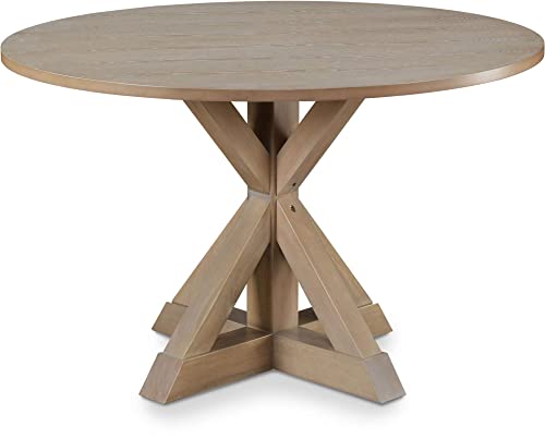 Finch Alfred Round Solid Wood Rustic Dining Table for Farmhouse Kitchen Room Decor, Wooden Trestle Pedestal Base, 46.5" Wide Circular Tabletop, Distressed Beige