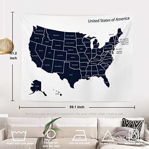 Batmerry Map USA America Tapestry, USA Map United States of America Travel Picnic Mat Beach Towel Wall Art Decoration for Bedroom Living Room Dorm, 51.2 x 59.1 Inches, Blue Map