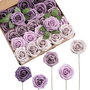 Ling's Moment Artificial Roses Flowers 25pcs Purple Ombre Colors Fake Roses with Stem for DIY Wedding Bouquets Centerpieces Arrangments Decorations