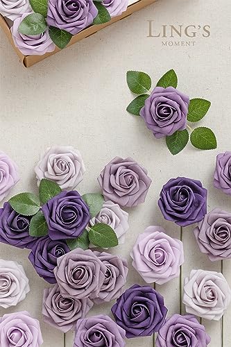 Ling's Moment Artificial Roses Flowers 25pcs Purple Ombre Colors Fake Roses with Stem for DIY Wedding Bouquets Centerpieces Arrangments Decorations