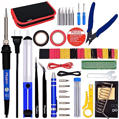 Soldering Iron Kit - Soldering Iron 60W Adjustable Temperature, Solder Wire, Soldering Stand, Wire Cutter, Solder Tips, Desoldering Pump, Wire Cutter, Solder Paste, Heatshrink Tubes from Plusivo