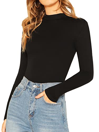 Verdusa Women's Basic Mock Neck Slim Fitted Long Sleeve Pullovers Tee Tops Black S