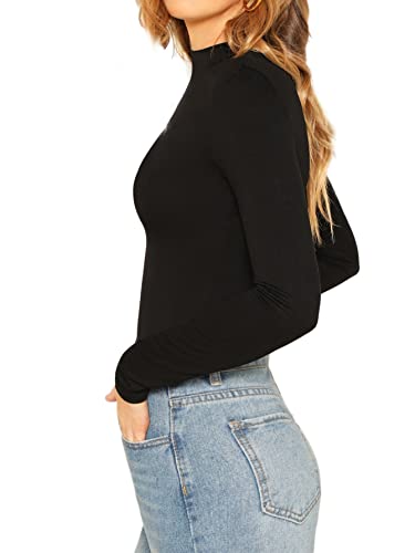 Verdusa Women's Basic Mock Neck Slim Fitted Long Sleeve Pullovers Tee Tops Black S