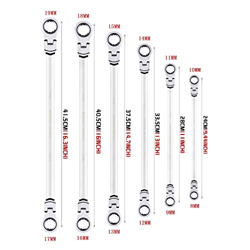 BULLTOOLS 6-Piece Flex-Head Extra Long Ratcheting Wrenches Double Box End Chrome Vanadium Steel 72-Tooth Wrench Set with Metric 8mm - 19mm