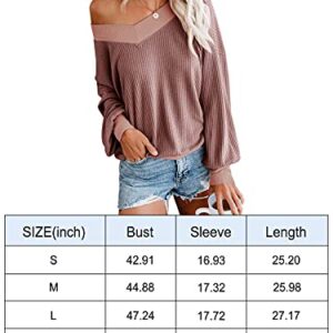 Women's Casual V Neck Long Sleeve Waffle Knit Off Shoulder Top Loose Pullover Sweater Apricot Medium