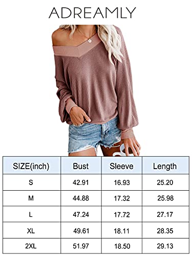 Women's Casual V Neck Long Sleeve Waffle Knit Off Shoulder Top Loose Pullover Sweater Apricot Medium