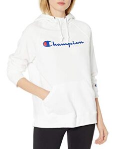 champion womens powerblend fleece hoodie, script logo hooded sweatshirt, white-y08113, large us