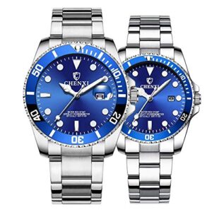 mastop couple watches classic golden stainless steel watch his and hers waterproof quartz watch (silver blue)