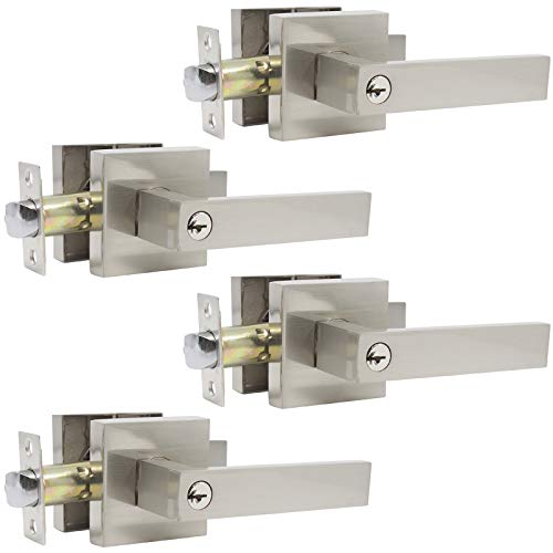 Knobonly Keyed Alike Entry Door Levers One Keyway Entrance/Front Door Handles with Same Keys Satin Nickel, Heavy Duty Keyed Exterior Door Locksets Door Handle Set, Combo Pack of 4