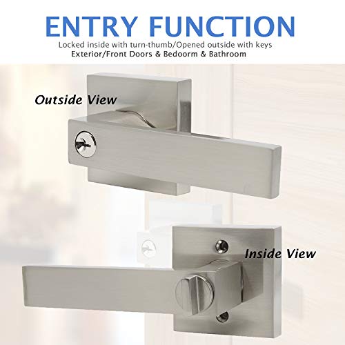 Knobonly Keyed Alike Entry Door Levers One Keyway Entrance/Front Door Handles with Same Keys Satin Nickel, Heavy Duty Keyed Exterior Door Locksets Door Handle Set, Combo Pack of 4