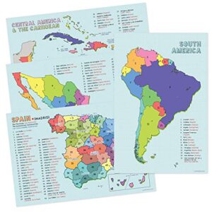 quarterhouse spanish language country maps for the classroom - spain, mexico, central america/caribbean, & south america poster set, spanish classroom learning materials for k-12 students and teachers, set of 4, 12 x 18 inches, extra durable