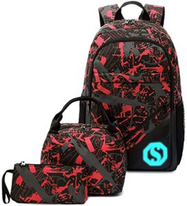 camtop school backpack boys kids school bookbag set student backpack with lunch box and pencil case (graffiti - red)