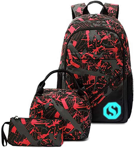 CAMTOP School Backpack Boys Kids School Bookbag Set Student Backpack with Lunch Box and Pencil Case (Graffiti - Red)