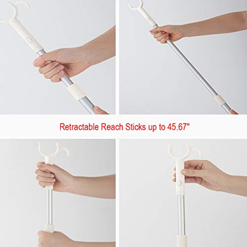 45" Long Reach Pole Retractable Closet Pole with Utility Hooks Garment Pole Hook for Outdoor Clothesline,Closet,Christmas Decor