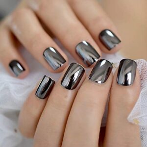 coolnail dark smoky gray reflective mirror metal plating false french acrylic nail tips punk metallic square fake nails with glue sticker