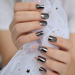 Coolnail Dark Smoky Gray Reflective Mirror Metal Plating False French Acrylic Nail Tips Punk Metallic Square Fake Nails With Glue Sticker