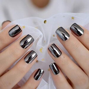 Coolnail Dark Smoky Gray Reflective Mirror Metal Plating False French Acrylic Nail Tips Punk Metallic Square Fake Nails With Glue Sticker