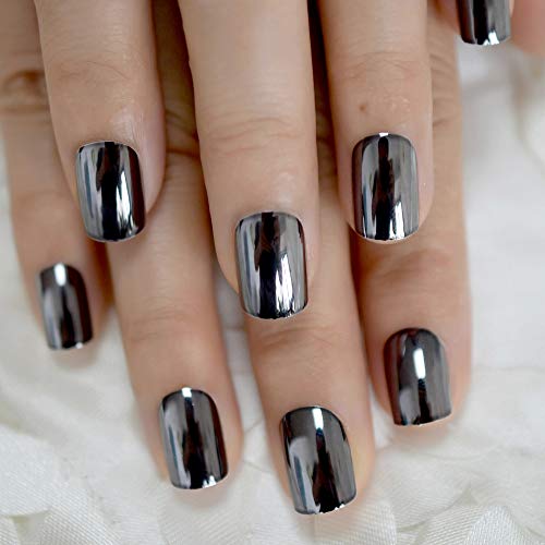 Coolnail Dark Smoky Gray Reflective Mirror Metal Plating False French Acrylic Nail Tips Punk Metallic Square Fake Nails With Glue Sticker