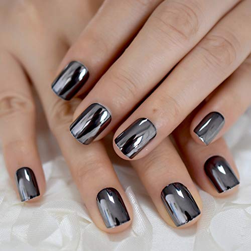 Coolnail Dark Smoky Gray Reflective Mirror Metal Plating False French Acrylic Nail Tips Punk Metallic Square Fake Nails With Glue Sticker