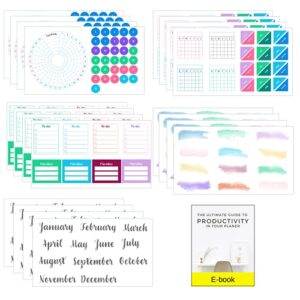 ultimate productivity stickers set - large value pack of 20 planner sticker sheets - calendars, to do lists, habit trackers, goals - accessories & supplies for dot grid journals by sunny streak
