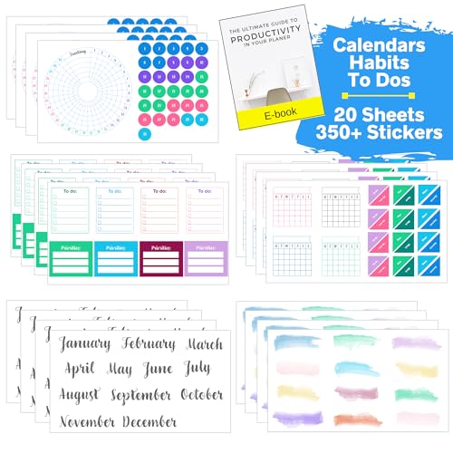 Ultimate Productivity Stickers Set - Large Value Pack of 20 Planner Sticker Sheets - Calendars, to Do Lists, Habit Trackers, Goals - Accessories & Supplies for Dot Grid Journals by Sunny Streak