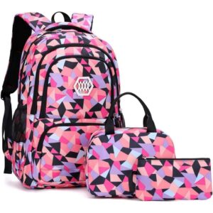 scione girls school backpack set,colorful print school bag with lunch box-large capacity backpack for kids,cute pink lightweight book bag for teens,middle and elementary school toddler backpack