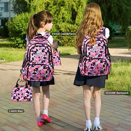 SCIONE Girls School Backpack Set,Colorful Print School Bag with Lunch Box-Large Capacity Backpack for Kids,Cute Pink Lightweight Book Bag for Teens,Middle and Elementary School Toddler Backpack