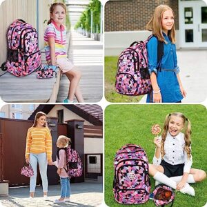 SCIONE Girls School Backpack Set,Colorful Print School Bag with Lunch Box-Large Capacity Backpack for Kids,Cute Pink Lightweight Book Bag for Teens,Middle and Elementary School Toddler Backpack