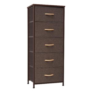 crestlive products vertical dresser storage tower - sturdy steel frame, wood top, easy pull fabric bins, wood handles - organizer unit for bedroom, hallway, entryway, closets - 5 drawers (brown)