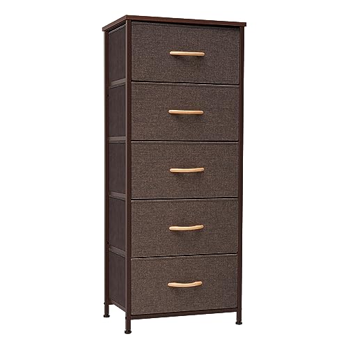 Crestlive Products Vertical Dresser Storage Tower - Sturdy Steel Frame, Wood Top, Easy Pull Fabric Bins, Wood Handles - Organizer Unit for Bedroom, Hallway, Entryway, Closets - 5 Drawers (Brown)