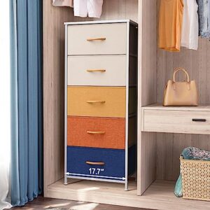 Crestlive Products Vertical Dresser Storage Tower - Sturdy Steel Frame, Wood Top, Easy Pull Fabric Bins, Wood Handles - Organizer Unit for Bedroom, Hallway, Entryway, Closets - 5 Drawers (Brown)