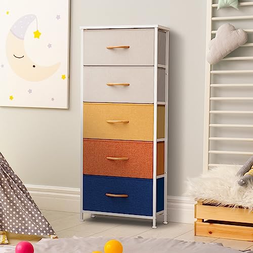 Crestlive Products Vertical Dresser Storage Tower - Sturdy Steel Frame, Wood Top, Easy Pull Fabric Bins, Wood Handles - Organizer Unit for Bedroom, Hallway, Entryway, Closets - 5 Drawers (Brown)