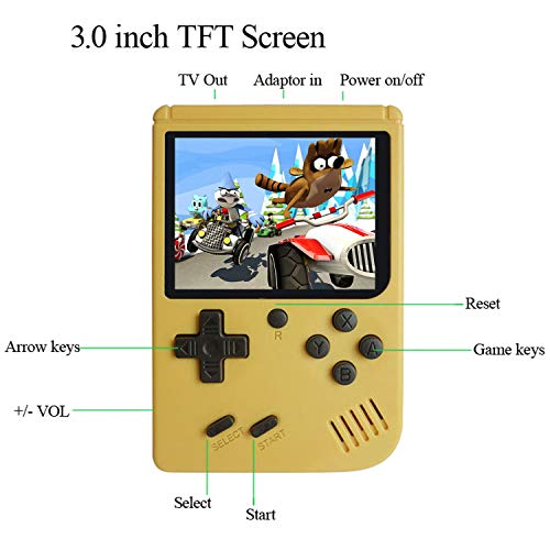 Handheld Games Console for Kids Adults - Retro Video Games Consoles 3 inch Screen 168 Classic Games 8 Bit Game Player with AV Cable Can Play on TV (Yellow)