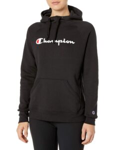 champion womens classic script logo, powerblend fleece hoodie hooded sweatshirt, black-y08113, medium us