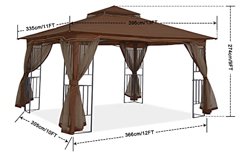 MASTERCANOPY Patio Outdoor Gazebo with Netting Screen Walls and Corner Shelf Design (11x13,Brown)
