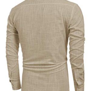 COOFANDY Mens Cotton Linen Henley Hippie Casual Beach T Shirt, Khaki, Medium, Long Sleeve