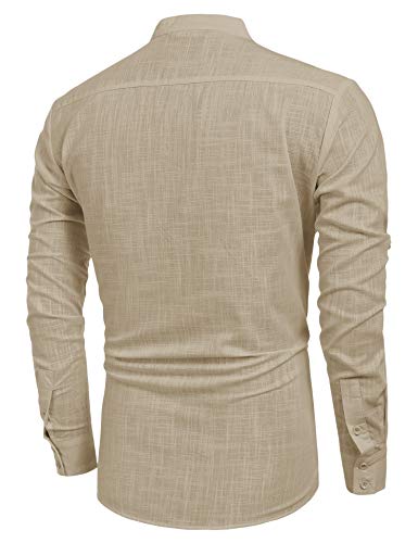 COOFANDY Mens Cotton Linen Henley Hippie Casual Beach T Shirt, Khaki, Medium, Long Sleeve