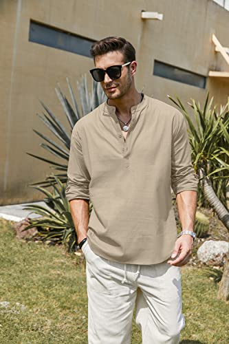 COOFANDY Mens Cotton Linen Henley Hippie Casual Beach T Shirt, Khaki, Medium, Long Sleeve